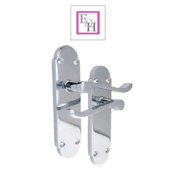 EDH Door Hardware Polished Chrome Victorian Scroll Door Handles on Shaped Backplate – 170mm x 40mm + Tubular Latch