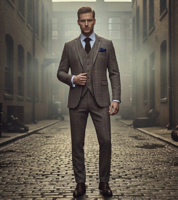 Paul Andrew Harris - Men's Brown 3 Piece Herringbone Check Tweed Suit