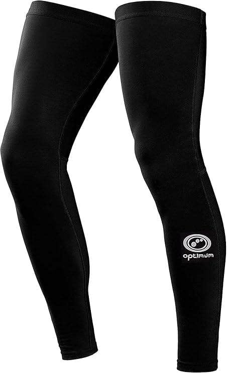 Pair of black Optimum Hawkley cycling leg warmers with white logo, upright on white - Optimum
