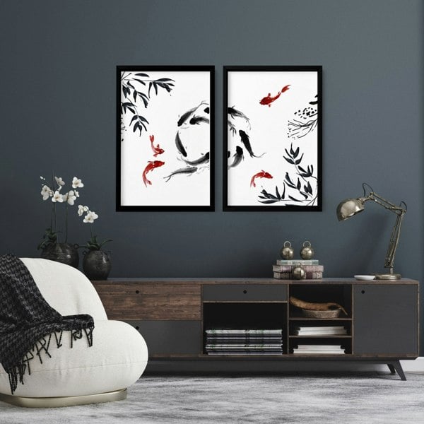 Framed prints for living room | set of 2 Koi wall art