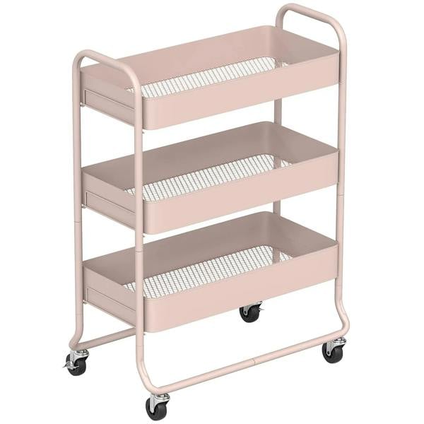 Light pink 3-tier rolling storage trolley with mesh baskets and four caster wheels
