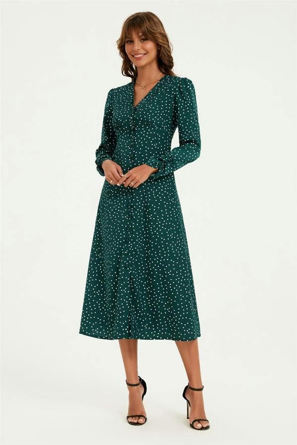FS Collection Dot Print Long Sleeve Button Front Midi Dress In Green