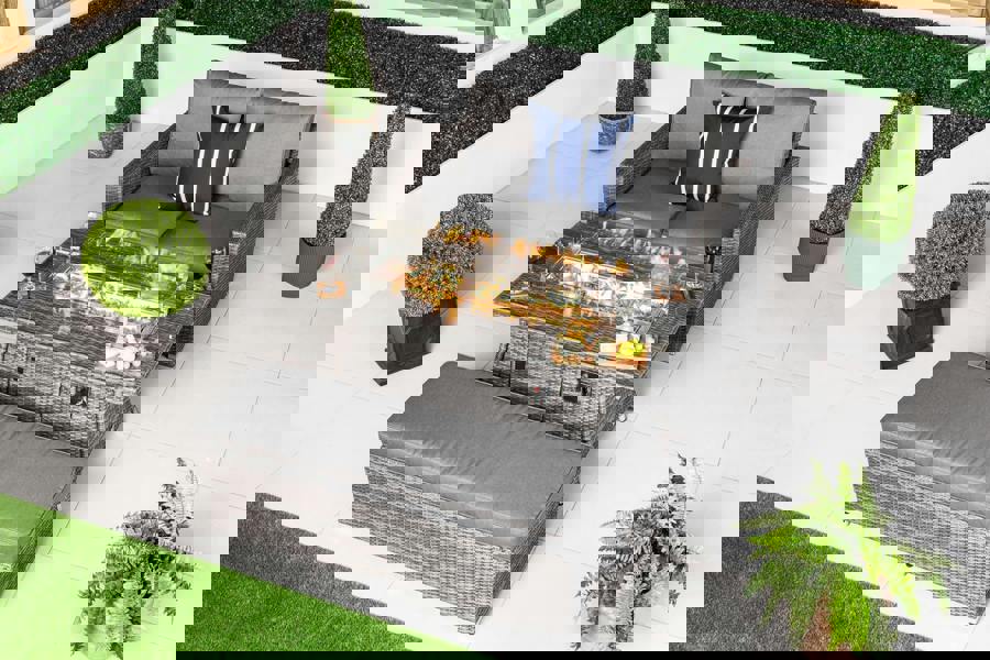 Giardino Sydney 2 Seat Loveseat Sofa Rattan Garden Furniture Set Outdoor With Fire Pit Coffee Table & Bench