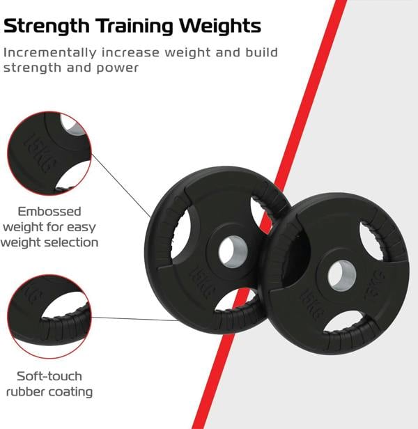 Black 15kg Olympic tri-grip rubber weight plates with embossed weight markings and soft-touch grip for easy handling