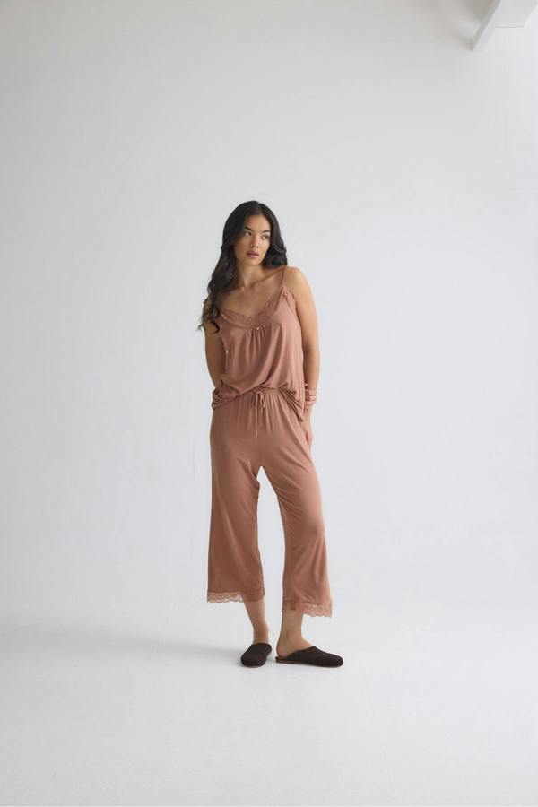 Pretty You London Bamboo Lace Cami Cropped Trouser Pyjama Set in Mocha