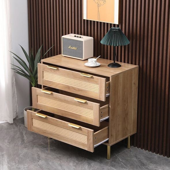 MMT Furniture Designs MMT Natural Chest with Rattan Fronts, 3 Storage Drawers