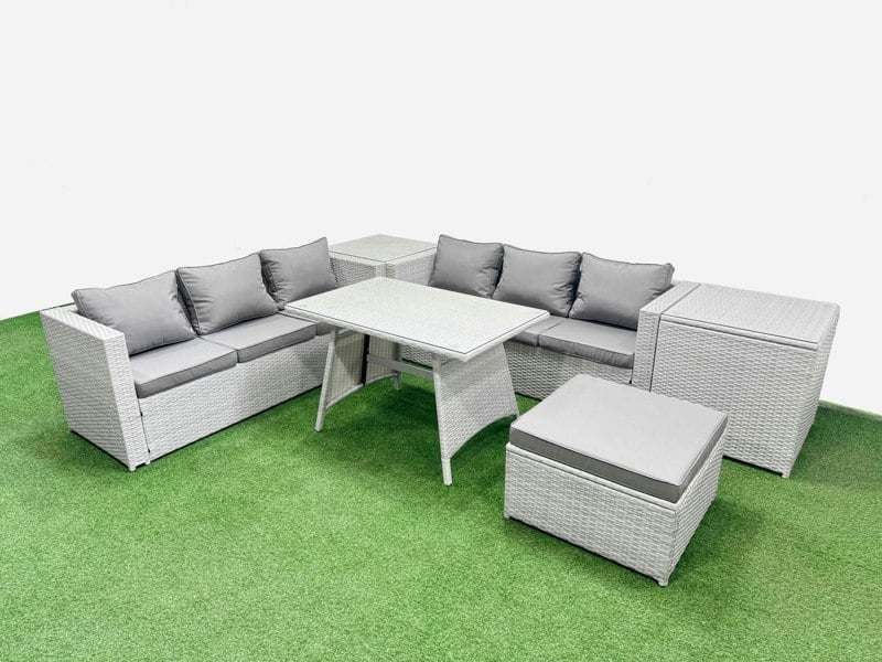 Fimous Rattan Garden Furniture Dining Set 7 seater Patio Rectangular Table 3 Seater Sofa Set with 2 Side Tables Big Stool Light Grey
