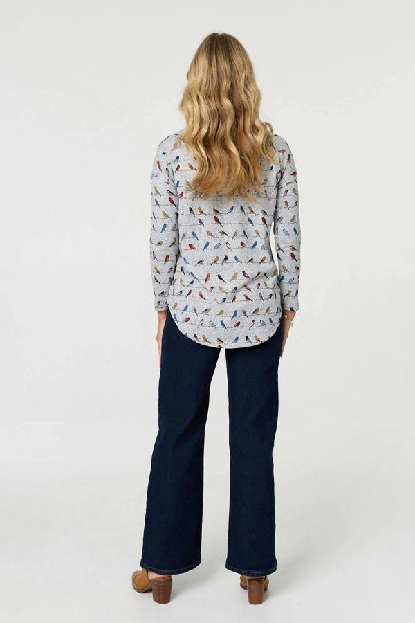 Grey | Printed Long Sleeve Curved Hem Top