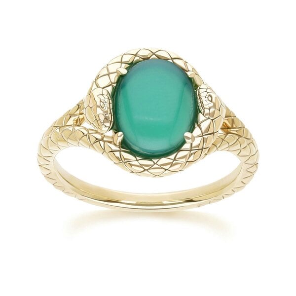 Gemondo ECFEW Oval dyed green chalcedony snake two-headed coiled bezel-set cabochon ring in gold vermeil sterling silver