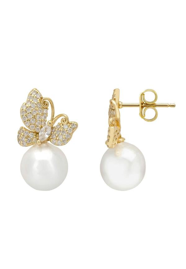 Gold butterfly earrings with pearl centers on a white background