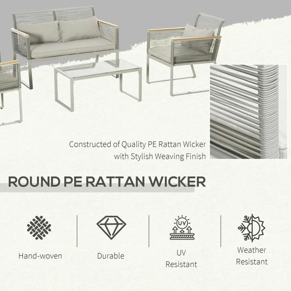 Grey rattan weave patio sofa and armchair set with beige seat cushions