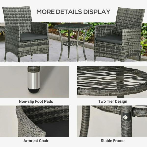 Grey rattan bistro chairs with armrests and stable frame, two-tier table