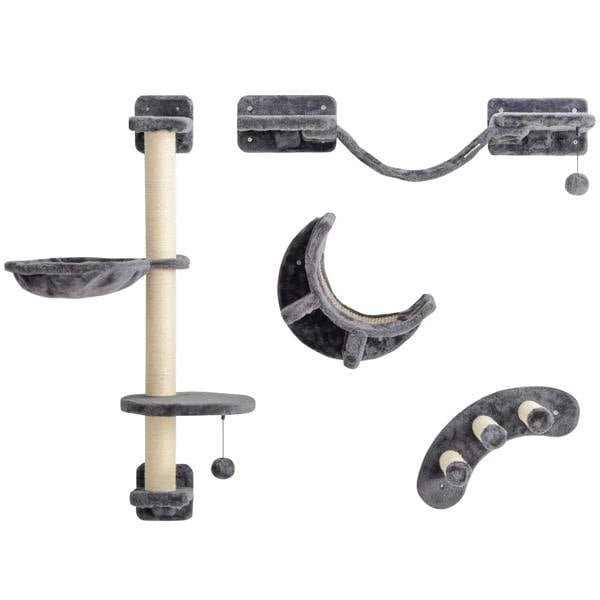 Dark gray cat wall climbing furniture set with vertical post, platforms, and hanging hammock.