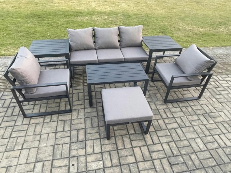 Fimous Aluminium Patio Outdoor Furniture Set 6 Seater Garden Sofa with Oblong Coffee Table Big Footstool 2 Armchairs 2 Side Tables Dark Grey
