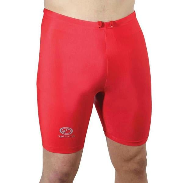 Man wearing red Optimum Multi-X compression shorts, front view with grey logo, on white - Optimum