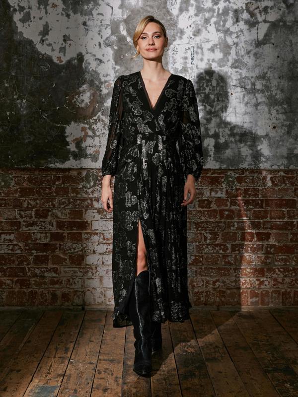 Rose & Nancy Dahlia Black Silver Midi Dress