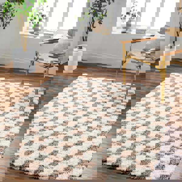 Livabliss Urban Shag-Modern Cream Brown Checkered Soft Plush Pile Rug