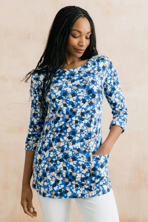 Lily & Me Coastal 3/4 Sleeve Jersey Print Tunic Cobalt