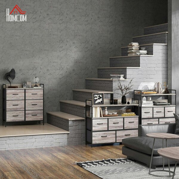 Wyld Haus Ferris Fabric And Wood Grey Wood Effect 6 Drawer Rustic Storage Chest