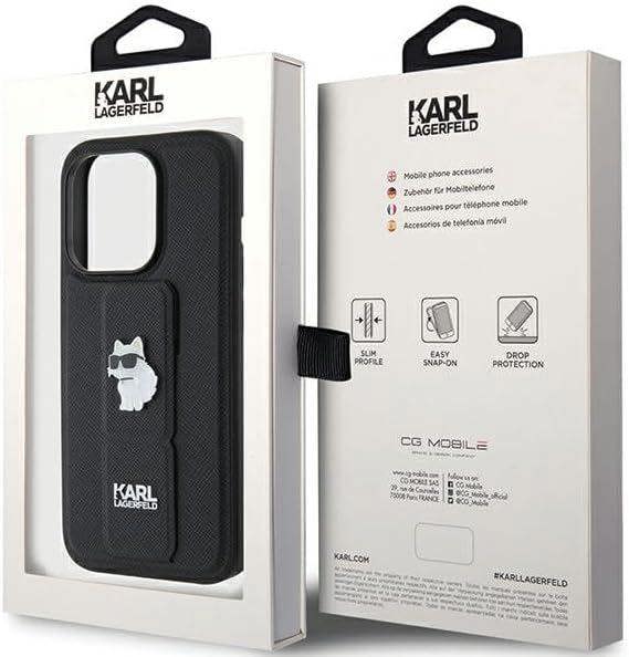Karl Lagerfeld Choupette Pins with Grip Stand Saffiano for iphone 15 Pro 6.1" Black - KLHCP15LGSACHPK