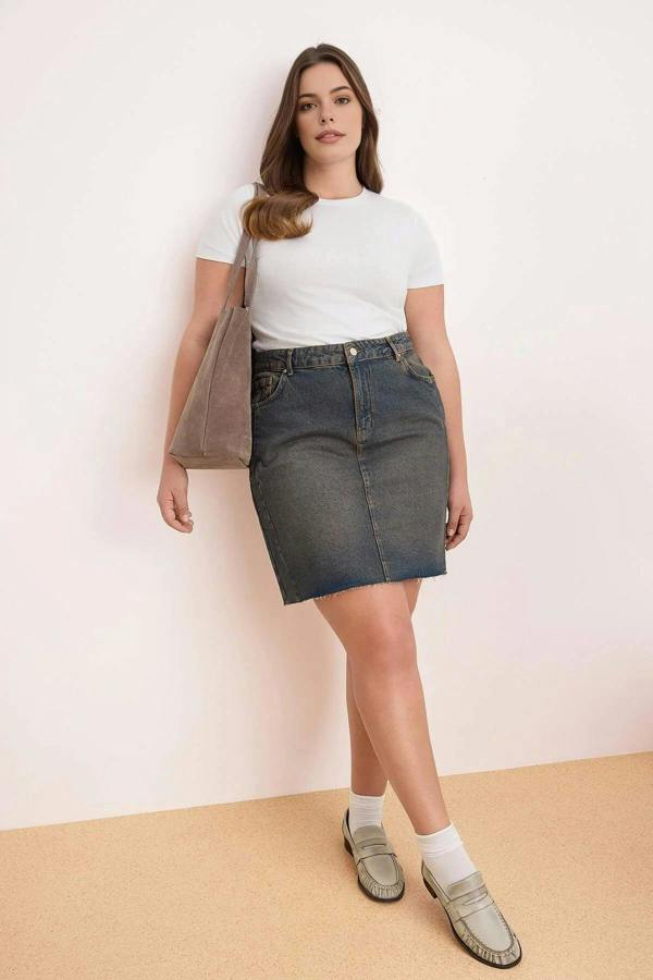 WOVCOR Faded Effect Vintage High Waist Mini 100% Cotton Non-Stretch Denim Skirt