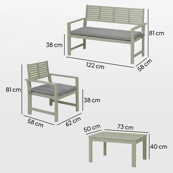 4 Seater Wooden Garden Furniture Set with Loveseat, Armchairs, Table, Acacia Wood Garden Sofa Set, Light Grey