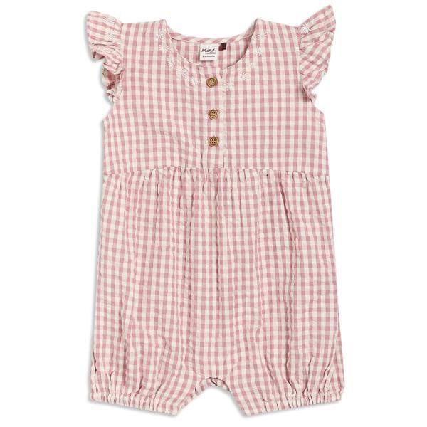 Mini Cuddles Baby Girls Checked Romper With Daisy Embroidery, Pink