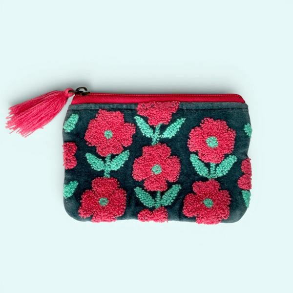 Hayley & Co Embroidered Velvet Coin Purse | Pop Floral in Blue, Teal and Pink