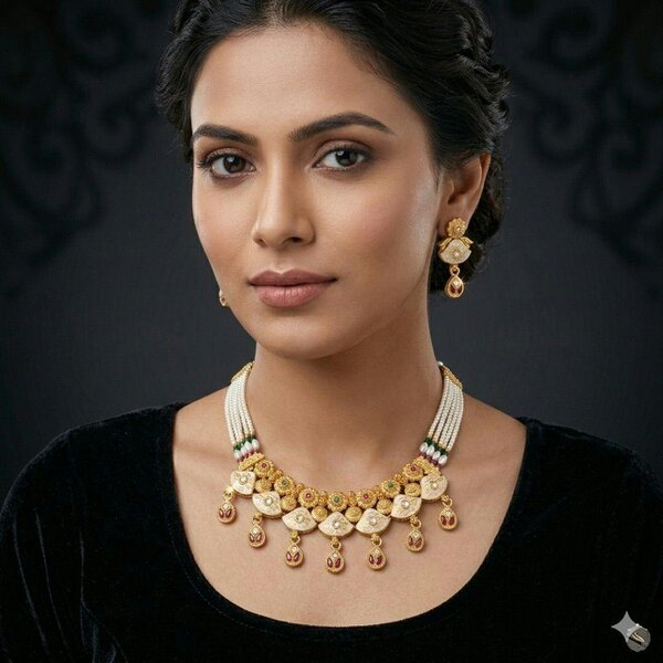 The Colourful Aura Gold Kundan Choker Necklace Set with Pearl Chain and Earrings
