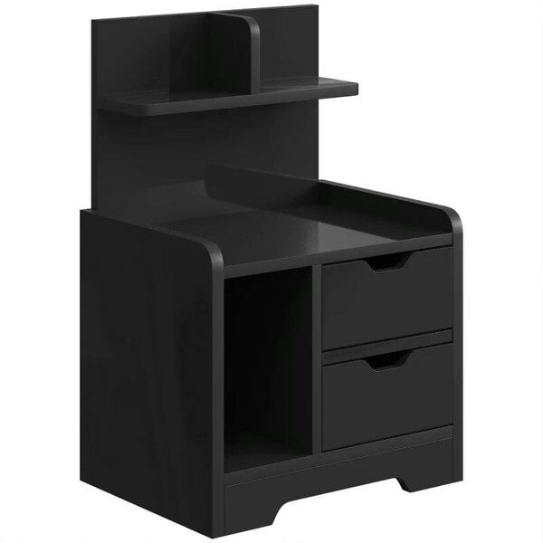 Bedside Table, Small Bedside Cabinet with 2 Drawers and Storage Shelves for Bedroom, Black Wood Effect