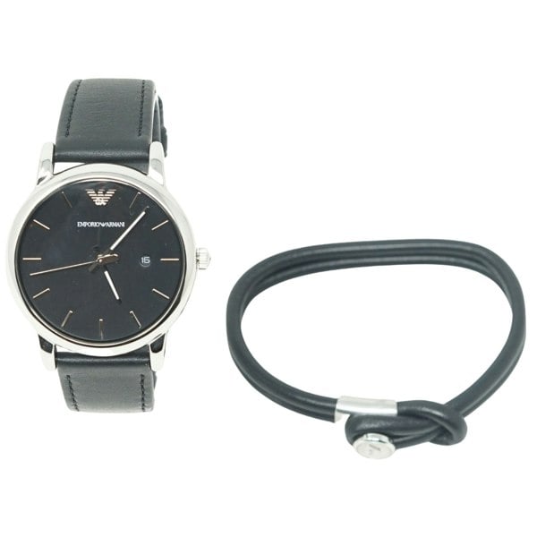 Emporio Armani Black Leather Strap Watch Set