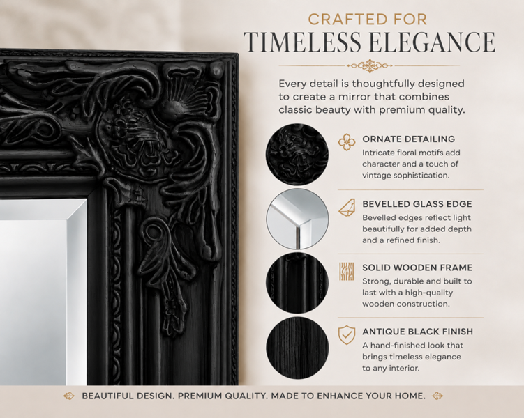 Downton Interiors Antique Style Black Tall Ornate Dressing Wall Mirror with Bevelled Glass 142cm