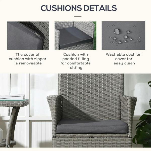 Grey rattan armchair with light grey seat cushion, woven back and armrests