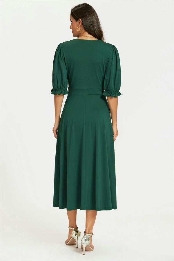 FS Collection Half Sleeves Jersey Midi Dress with Wrap Neckline In Green