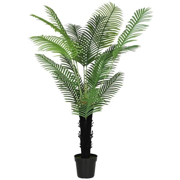 Artificial areca palm tree with green fronds in black plastic pot