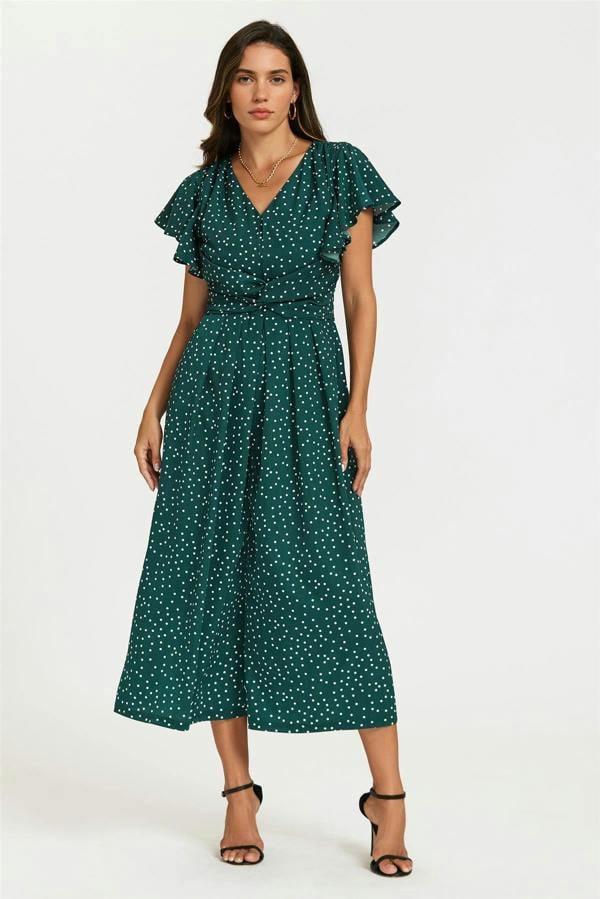 FS Collection Polka Dot Angel Sleeve Twist Jumpsuit In Green