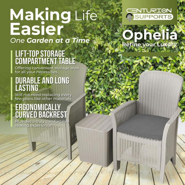Homeology OPHELIA 3-Piece Rattan Garden Furniture High Back Armchair Set with Side Table in Grey