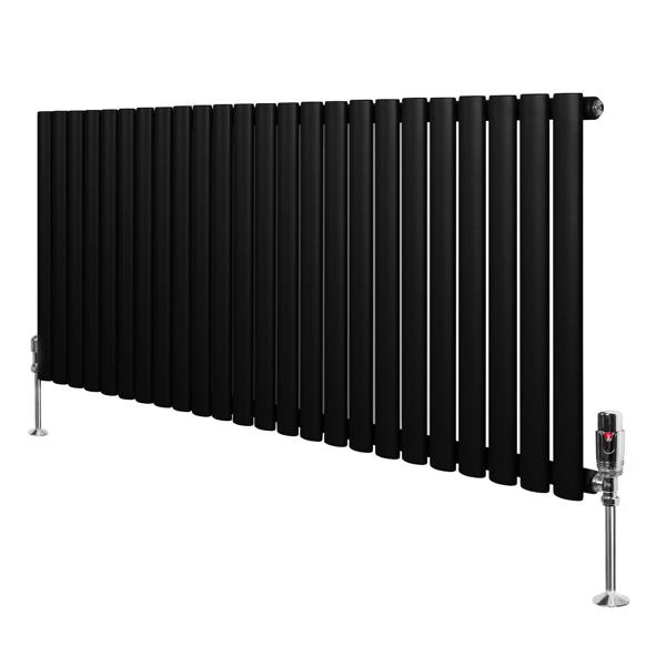 Sleek black oval single column radiator with a modern design, featuring vertical bars and stylish valves, measuring 600mm x 1440mm