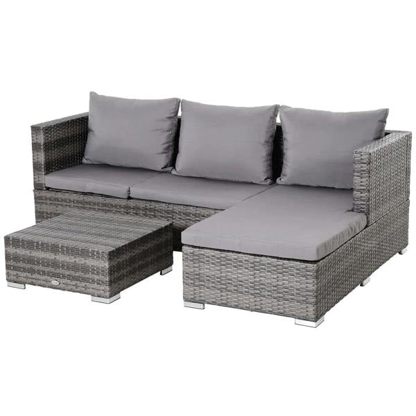 Grey rattan garden corner sofa set with seat cushions and matching storage coffee table