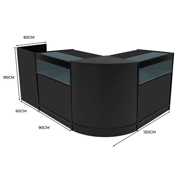 Luna LED Shop Counter Set in sleek black, featuring curved design, glass display sections, and dimensions of 60x90x150 cm