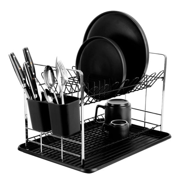 A sleek Two-Tier Dish Rack from Berlinger Haus in matte black, showcasing plates and utensils.
