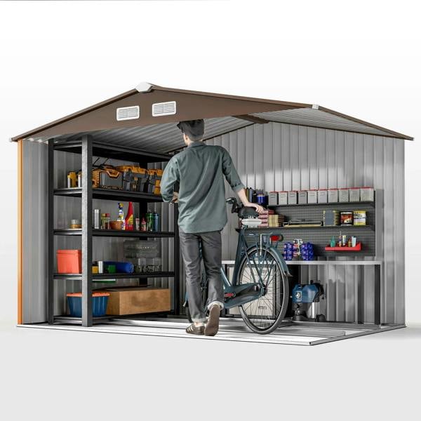 Metal garden shed interior with shelves, stored items, and bicycle