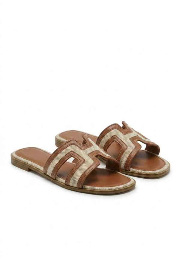 Andrea Open Toe Contrast Trim Cut Out Flat Sandals - Tan_wb
