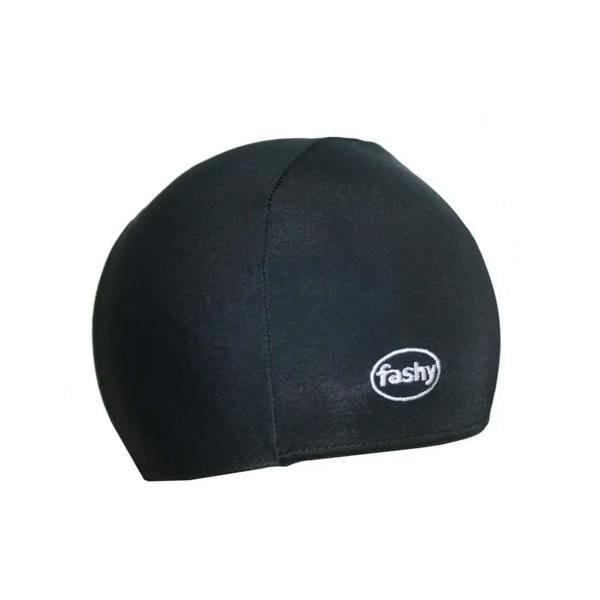 Black Fashy adult fabric swim cap with white logo and texture