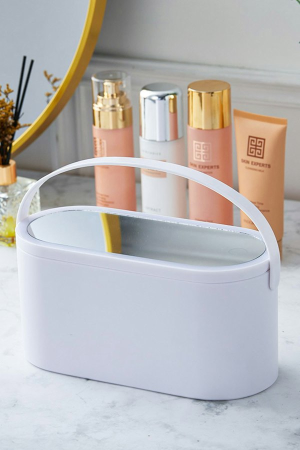 Living and Home Portable Round Vanity Cosmetic Storage Box with LED Lights Mirror