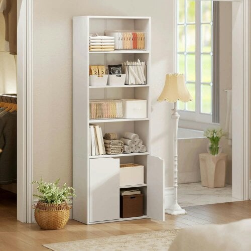 Bobobiy 6-Tier Tall Bookcase, Bookshelf with 4 Open Shelves and Double Door Storage Cabinet, Freestanding Display Rack, 59 x 29 x 180cm, White