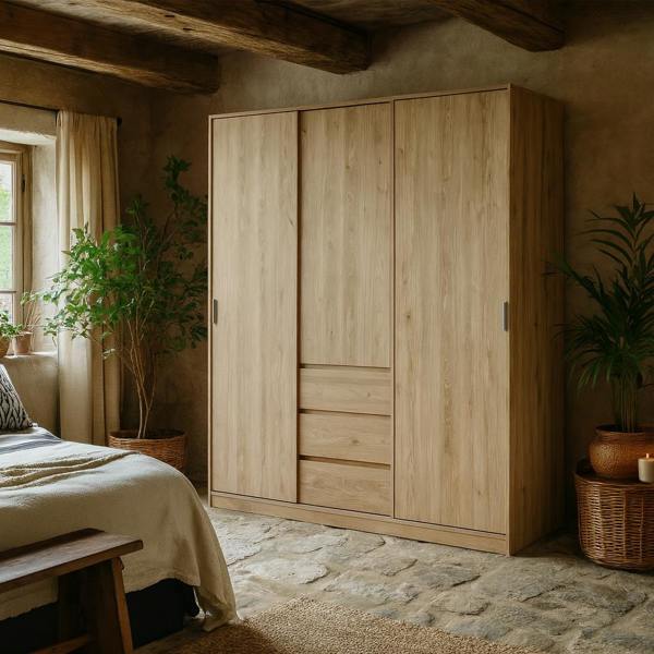 Wyld Haus Budapest Natural Oak Effect Wood Wardrobe 3 Doors 3 Drawers