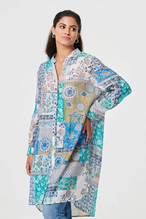 Blue | Patchwork Print Longline Tunic Shirt 
