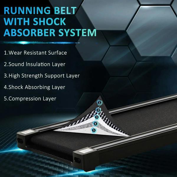 Black treadmill running belt with shock absorber system and multi-layer deck support
