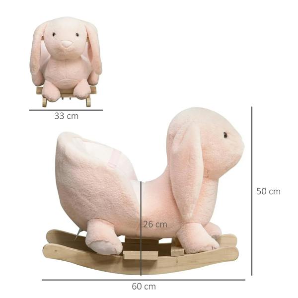 Pink plush rabbit rocking horse ride-on, full view on wooden rocker base